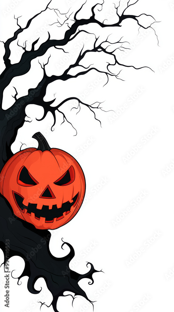 Spooky jack-o-lantern peering from behind a bare tree branch. Spooky jack-o-lantern peering from behind a bare tree branch.