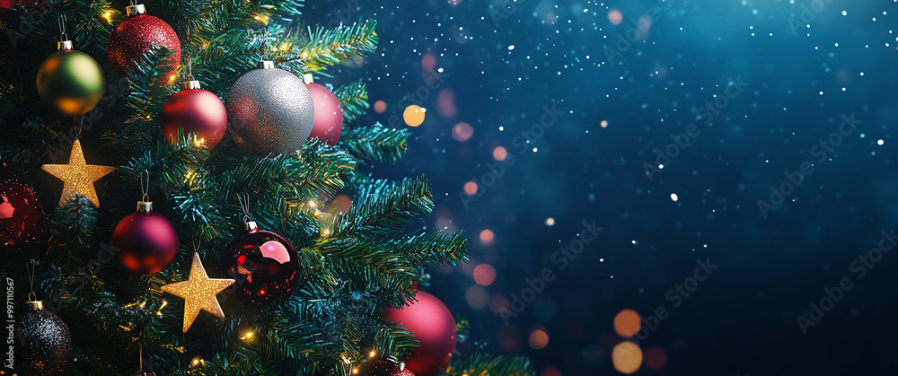 Christmas Tree With Baubles And Blurred Shiny Lights Christmas Tree With Baubles And Blurred Shiny Lights