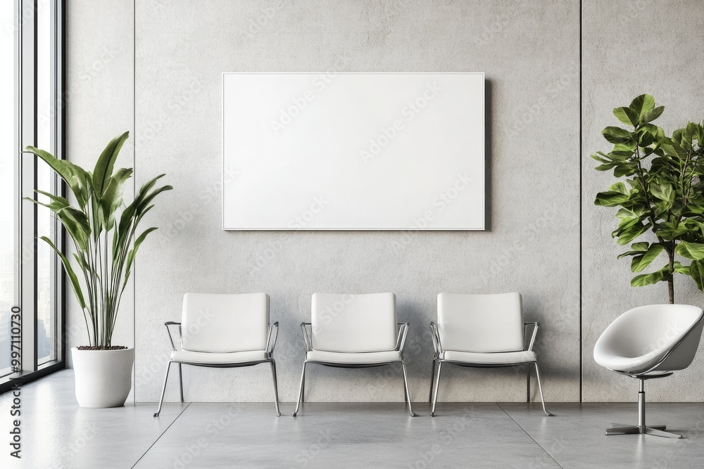 Contemporary Minimalist Waiting Room Interior with White Empty Poster and Cosy Furnishings Contemporary Minimalist Waiting Room Interior with White Empty Poster and Cosy Furnishings