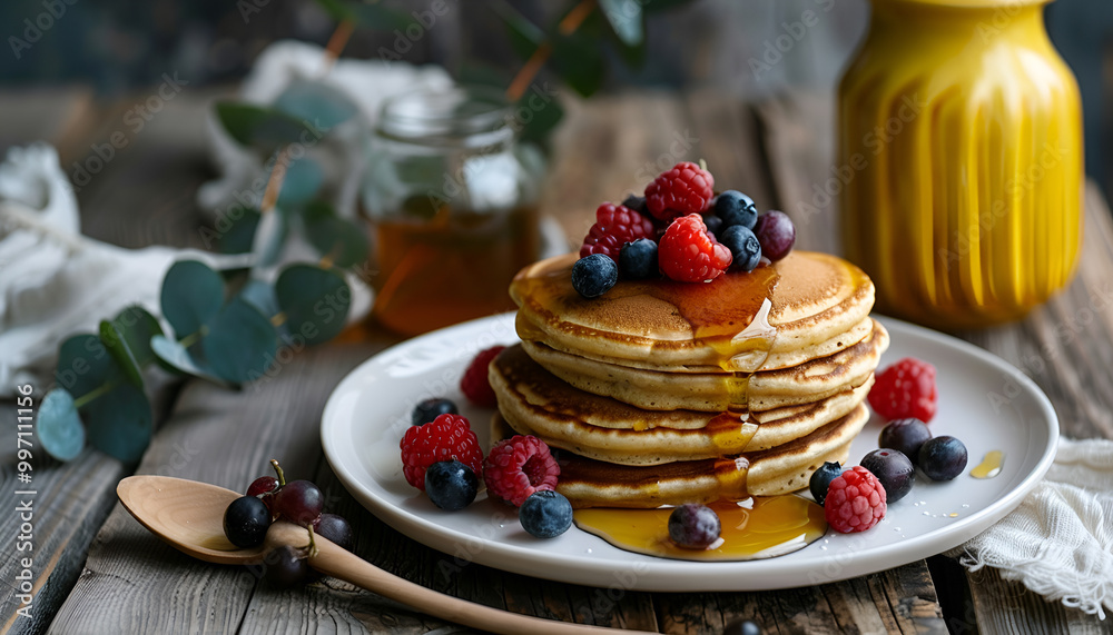 Juicy pancakes with berries and honey on a white plate, spoon, jar, wooden table, yellow vase with eucalyptus Juicy pancakes with berries and honey on a white plate, spoon, jar, wooden table, yellow vase with eucalyptus