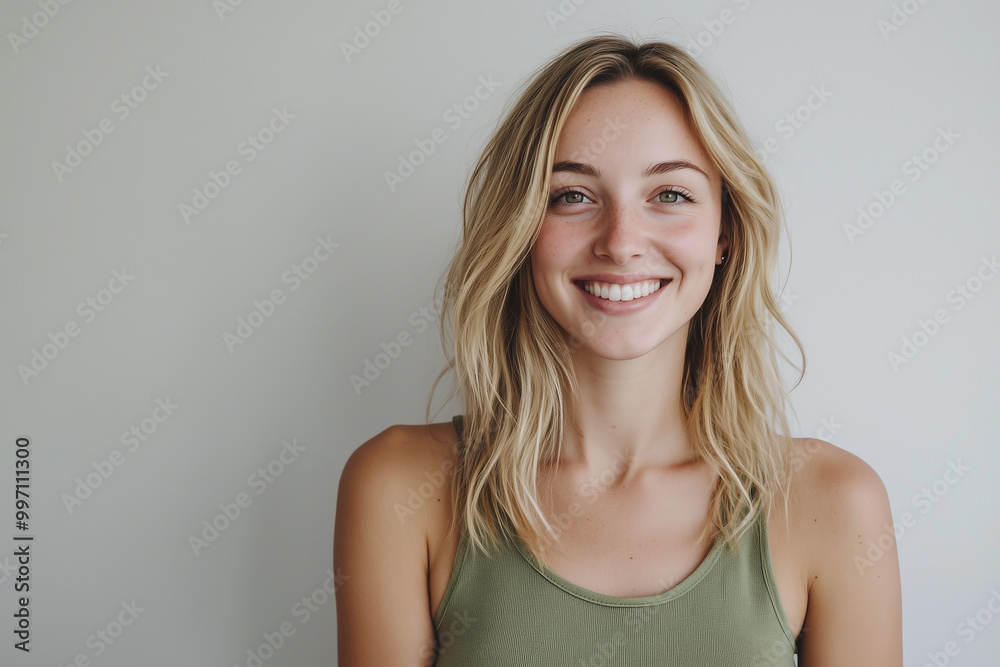 Portrait of a smiling blonde woman in a green tank top, against a white background with space for text Portrait of a smiling blonde woman in a green tank top, against a white background with space for text
