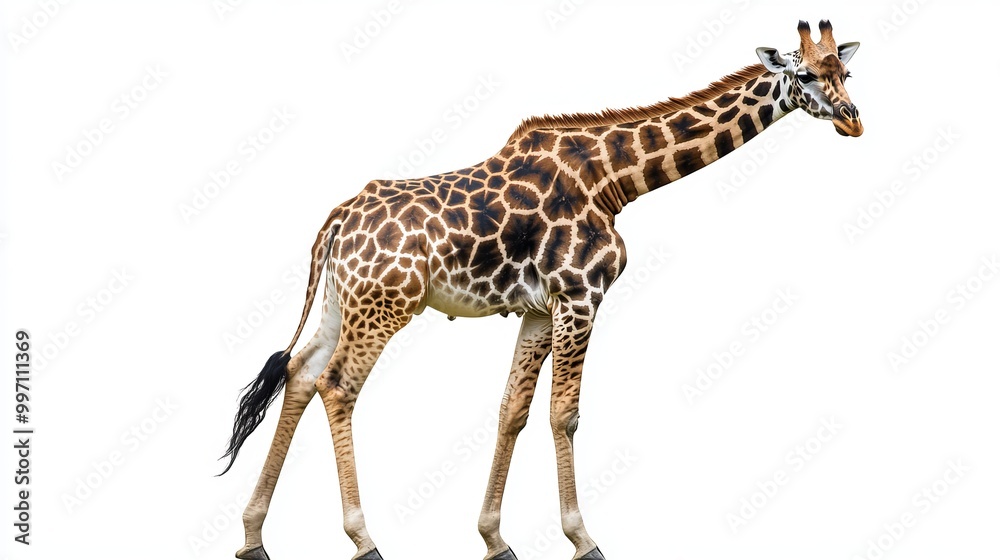 Fototapeta premium Here is a picture of a giraffe. It's standing by itself on a pure white backdrop. The image shows the giraffe from the side.