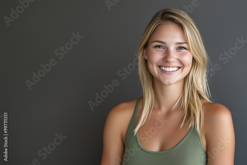 Portrait of a smiling blonde woman in a green tank top, against a gray background with space for text