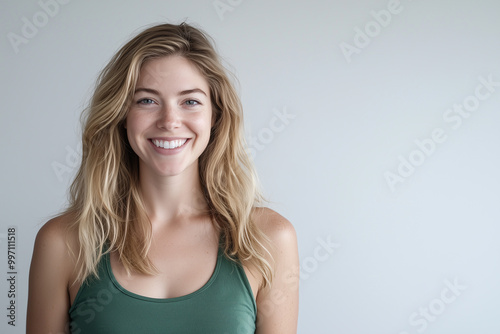 Portrait of a smiling blonde woman in a green tank top, against a white background with space for text