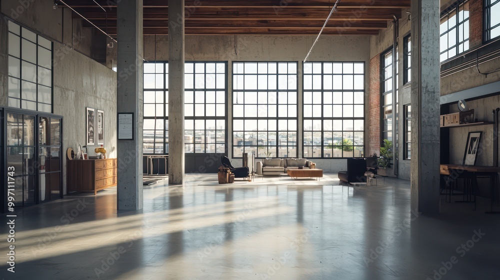 Minimalist industrial loft featuring an open floor plan, high raw ...