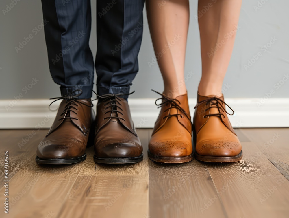 Women's shoes next to men's boots. AI generative. Women's shoes next to men's boots. AI generative.