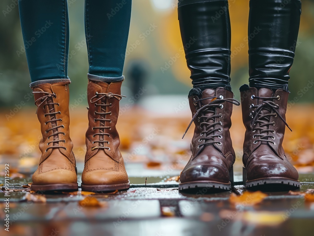 Women's shoes next to men's boots. AI generative. Women's shoes next to men's boots. AI generative.