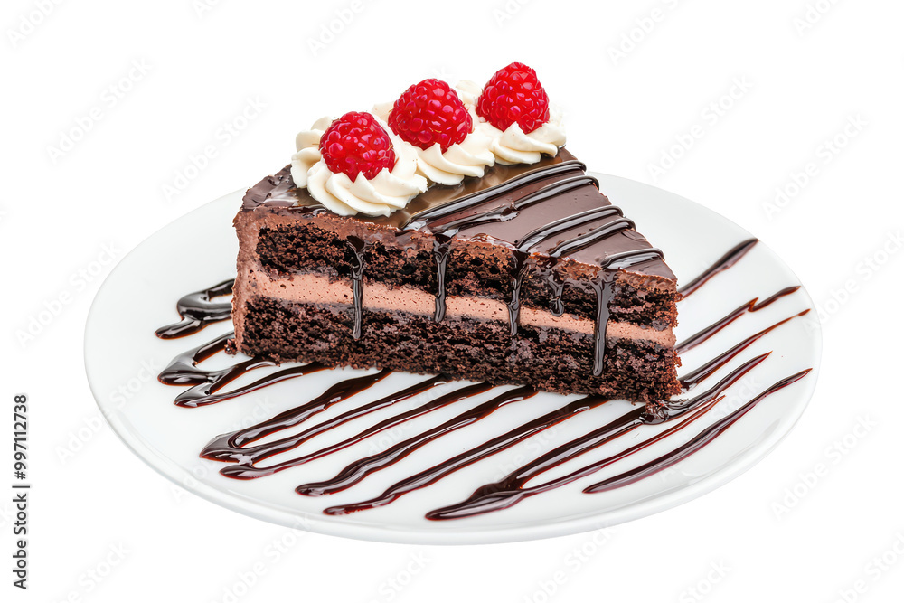 Chocolate cake slice with raspberries on a white plate isolated on transparent background. Chocolate cake slice with raspberries on a white plate isolated on transparent background.