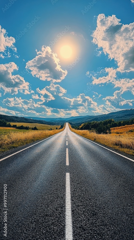 Wide open road leading into the horizon with clear blue sky and white clouds Wide open road leading into the horizon with clear blue sky and white clouds