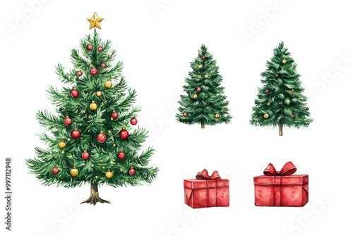 Christmas tree and presents isolated on transparent background.