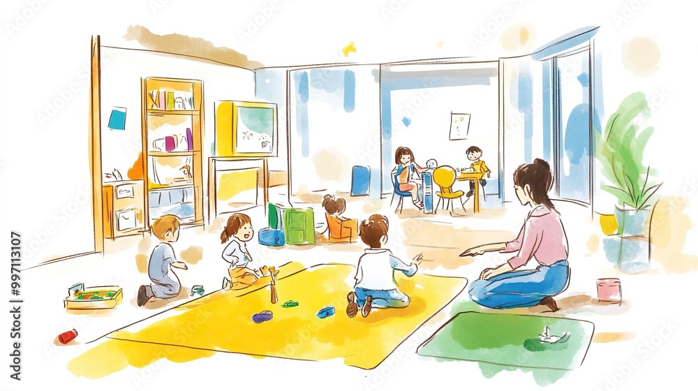 Children playing in a daycare center kindergarten. AI generated image