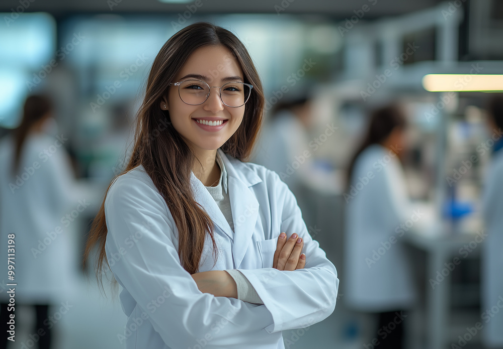 A portrait of a young female scientist in a white coat, with her team working behind her in the laboratory A portrait of a young female scientist in a white coat, with her team working behind her in the laboratory