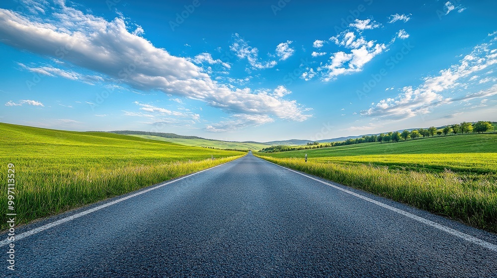 Fototapeta premium Wide open road leading into the horizon with clear blue sky and white clouds