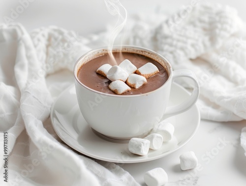 A steaming cup of hot chocolate with marshmallows on a white background