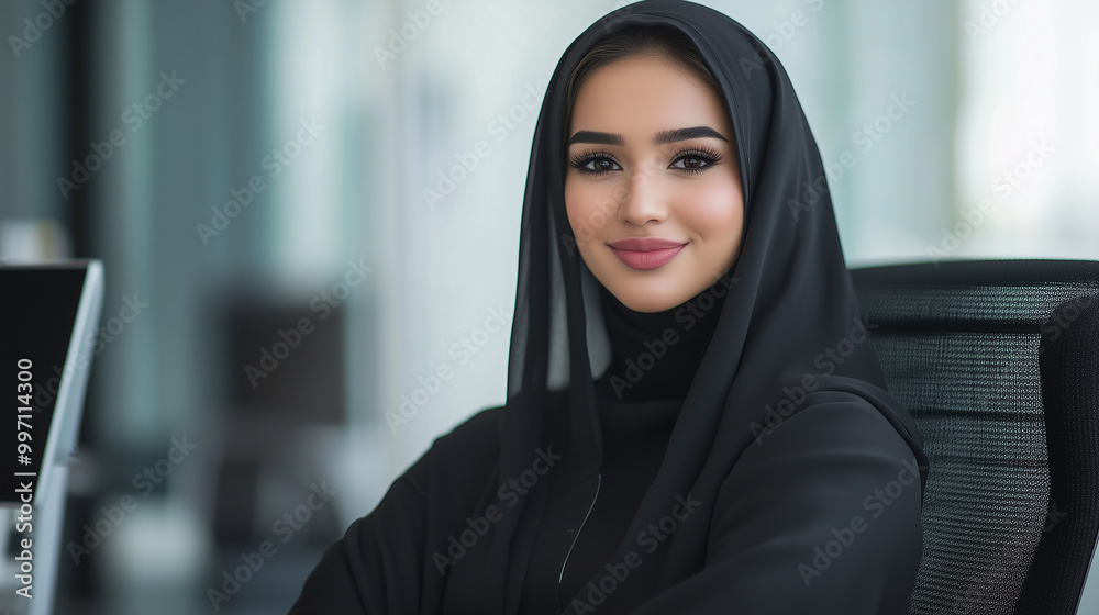 A young and attractive Saudi Arabian female model is sitting in an office chair, wearing a loose abaya outfit, and smiling at the camera A young and attractive Saudi Arabian female model is sitting in an office chair, wearing a loose abaya outfit, and smiling at the camera