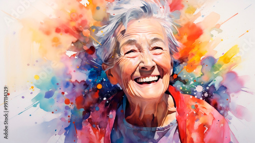 Portrait of a beautiful cheerful elderly woman in watercolor with an abstract colored background. Happy senior woman enjoying of life, active lifestyle, emotional health.