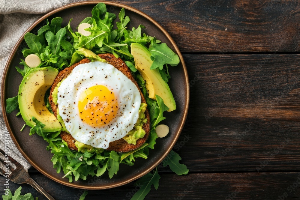 Close-up flat lay of delicious poached egg with liquid yolk on toast with fresh salad leaves and avocado at dark rustic brown wooden background/ table - generative ai Close-up flat lay of delicious poached egg with liquid yolk on toast with fresh salad leaves and avocado at dark rustic brown wooden background/ table - generative ai
