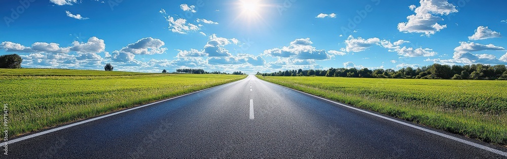 Fototapeta premium Wide open road leading into the horizon with clear blue sky and white clouds