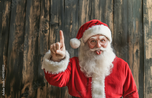 Playful Santa Claus Sticking Out His Tongue and Pointing Upwards with a Fun and Cheerful Expression, Wooden Background with copy space photo