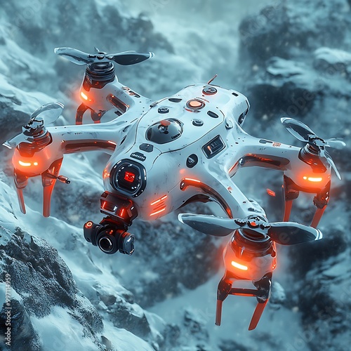 Futuristic Drone Flying Over Snowy Mountains