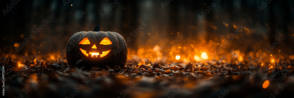 Fototapeta premium Spooky jack-o-lantern in the forest