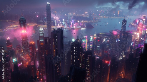 A bustling night cityscape featuring towering skyscrapers and vibrant neon lights reflecting off a harbor, capturing a futuristic ambiance with pink and purple hues.