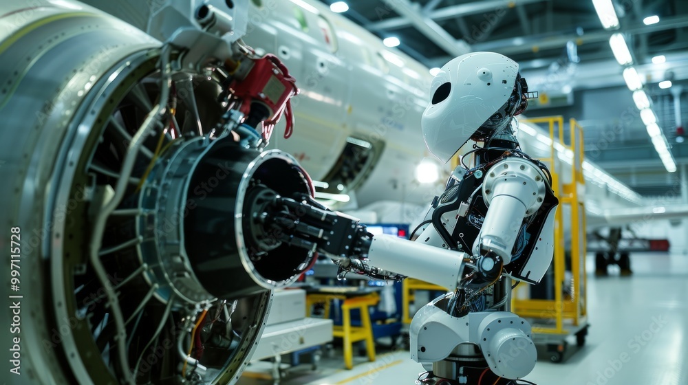 Fototapeta premium AI-powered robot performing vibration analysis on an aircraft engine