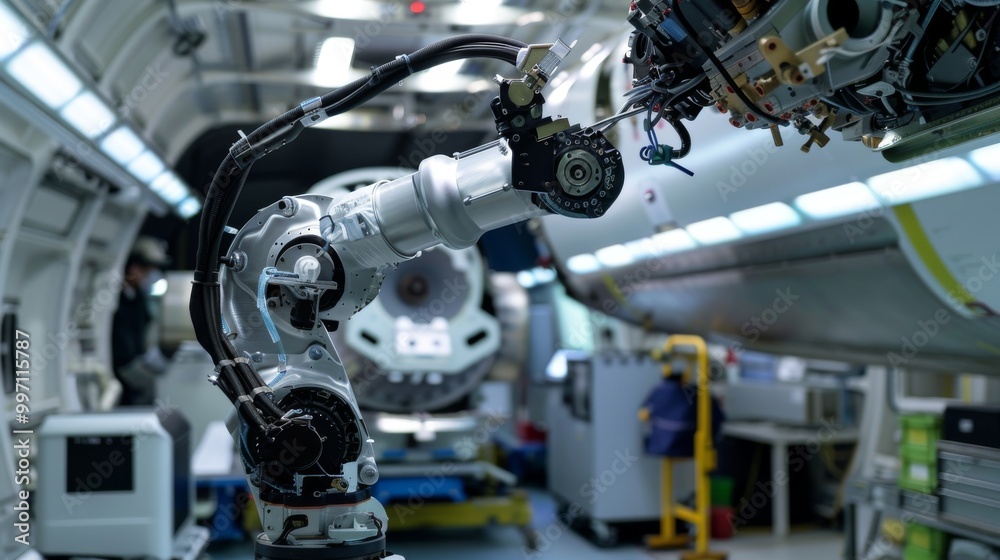 AI-powered robot performing vibration analysis on an aircraft engine AI-powered robot performing vibration analysis on an aircraft engine