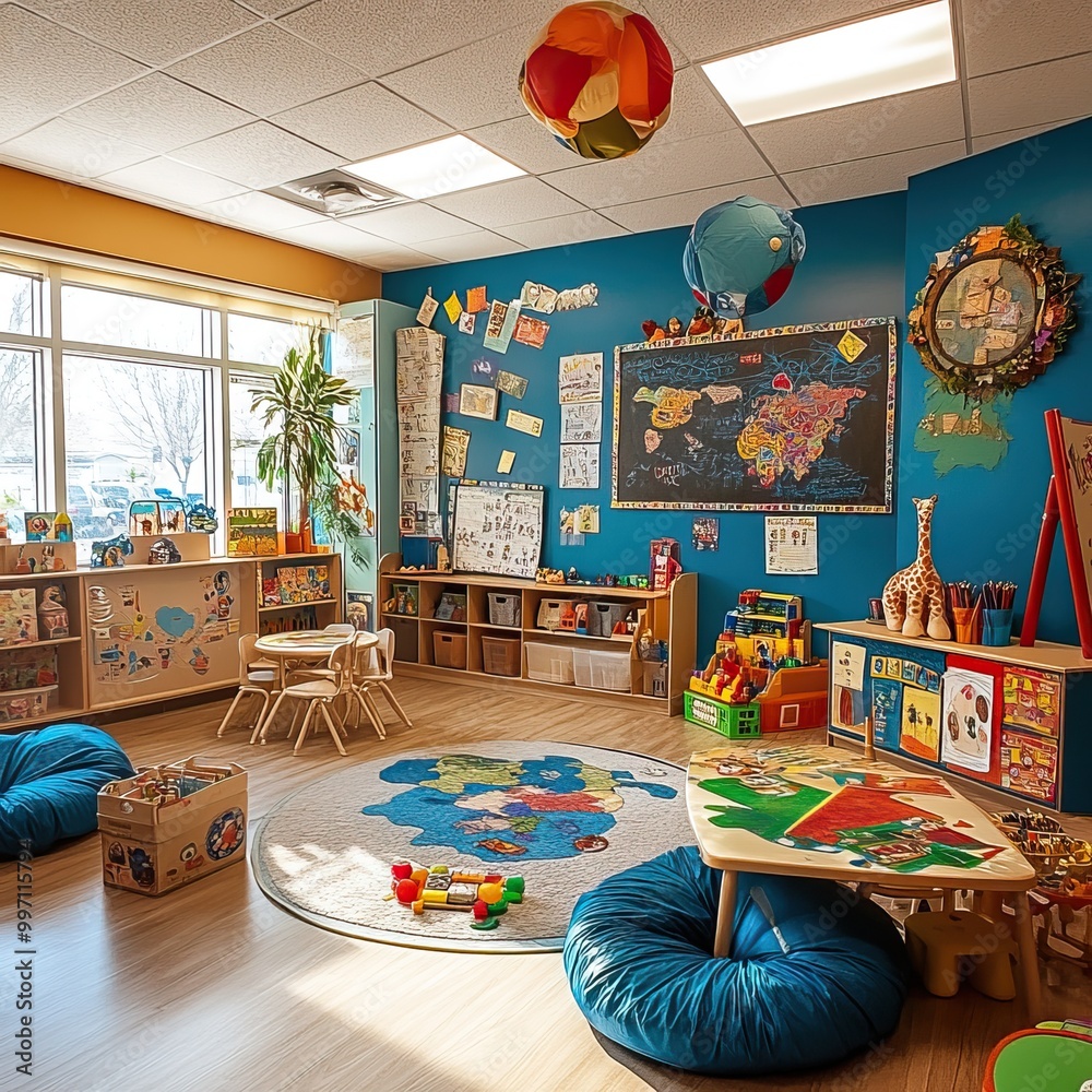 Colorful and engaging kindergarten and preschool classroom with playful ...