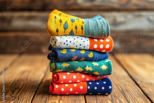 A stack of children's socks on a wooden floor, themed for back-to-school with room for text.