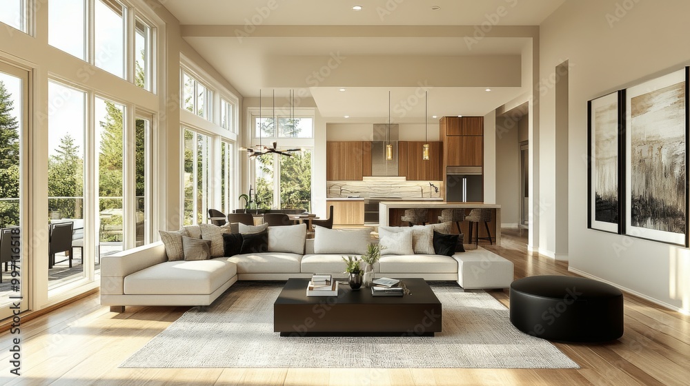 A contemporary living room with large windows, a white sectional sofa, a black coffee table, and view of a sleek kitchen in the background, emphasizing open space and natural light. A contemporary living room with large windows, a white sectional sofa, a black coffee table, and view of a sleek kitchen in the background, emphasizing open space and natural light.