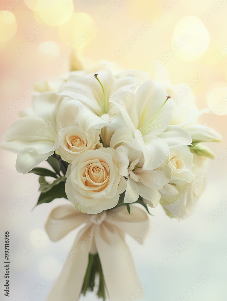 Obraz premium The bouquet features elegant white roses and lilies, beautifully tied with a silk ribbon, set against a gentle pastel background. Generative AI