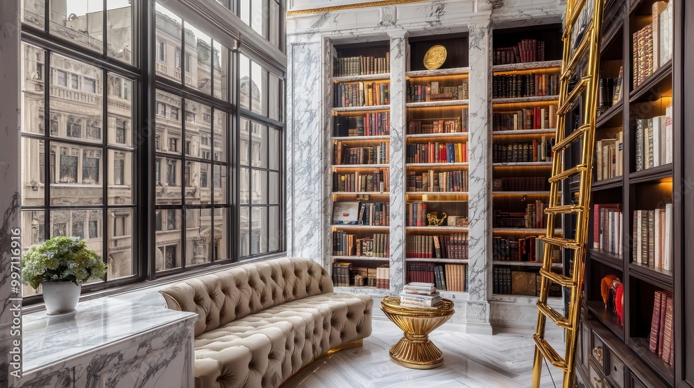 An elegant home library with marble bookcases, a gold ladder, and plush velvet seating A large window provides natural light, making it an ideal spot for afternoon reading An elegant home library with marble bookcases, a gold ladder, and plush velvet seating A large window provides natural light, making it an ideal spot for afternoon reading
