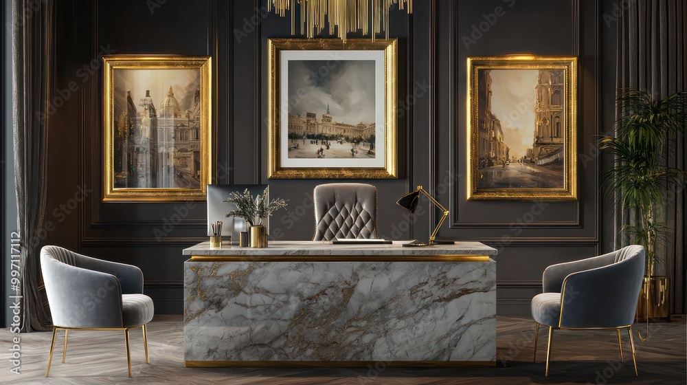 An elegant home office with a marble desk, gold-framed artworks, and velvet guest chairs The refined space is designed for productivity and luxury An elegant home office with a marble desk, gold-framed artworks, and velvet guest chairs The refined space is designed for productivity and luxury