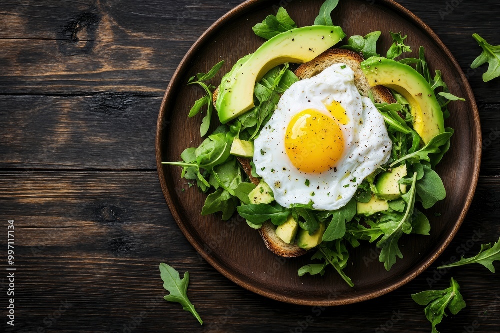 Close-up flat lay of delicious poached egg with liquid yolk on toast with fresh salad leaves and avocado at dark rustic brown wooden background/ table - generative ai Close-up flat lay of delicious poached egg with liquid yolk on toast with fresh salad leaves and avocado at dark rustic brown wooden background/ table - generative ai