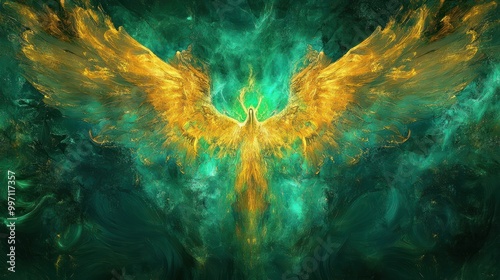 Angelic abstract motif in emerald gold color. Background colors with healing emerald and Archangel Raphael wings. photo