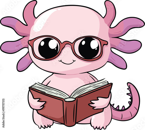 Axolotl Reading a Book Vector Illustration