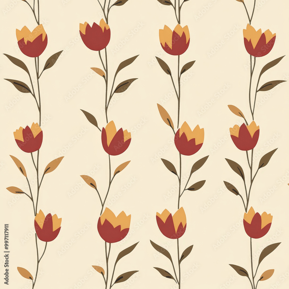 Obraz premium Small flat design tulips in shades of red and yellow, evenly spaced on a soft beige background, creating a simple and classic floral look.