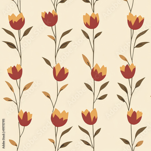 Small flat design tulips in shades of red and yellow, evenly spaced on a soft beige background, creating a simple and classic floral look.