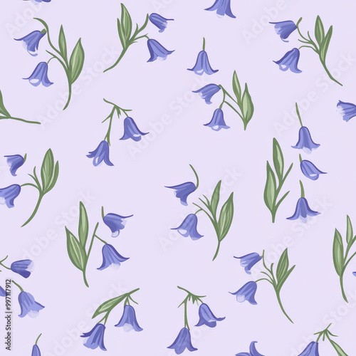 A repeating pattern of small bluebells in flat design style, with green leaves, arranged on a pale lavender background, creating a fresh and whimsical feel.