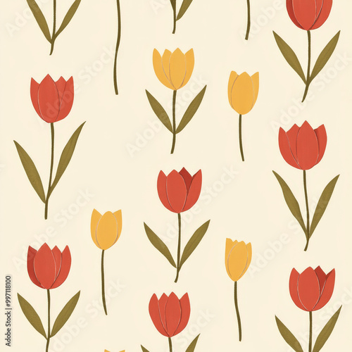 Small flat design tulips in shades of red and yellow, evenly spaced on a soft beige background, creating a simple and classic floral look.