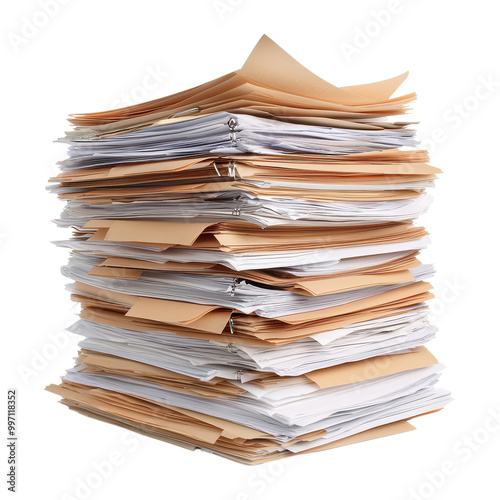 Stack of assorted paper files isolated on transparent background.