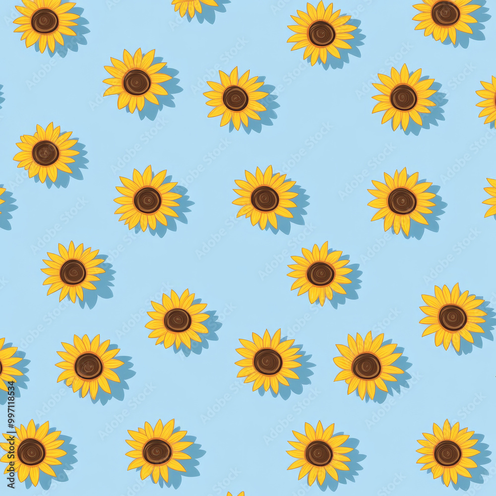 A pattern of small sunflowers in flat design style with bright yellow petals and brown centers, scattered over a light blue backdrop, for a summery feel. A pattern of small sunflowers in flat design style with bright yellow petals and brown centers, scattered over a light blue backdrop, for a summery feel.