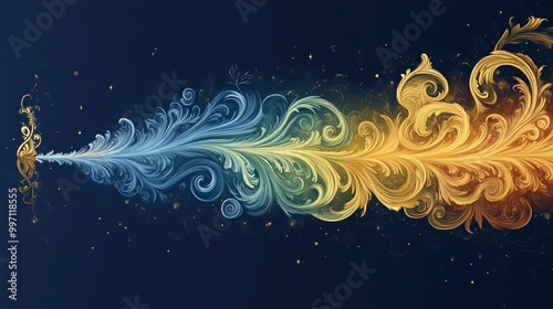 A vibrant digital illustration featuring a symmetrical fractal design with swirling patterns in contrasting warm and cool tones, embellished with sparkling particles. Ample copy space provided