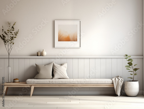 Living room interior in modern and classic styles with wooden panneling and picture ledge. Neutral and light colors interior with wainscoting.