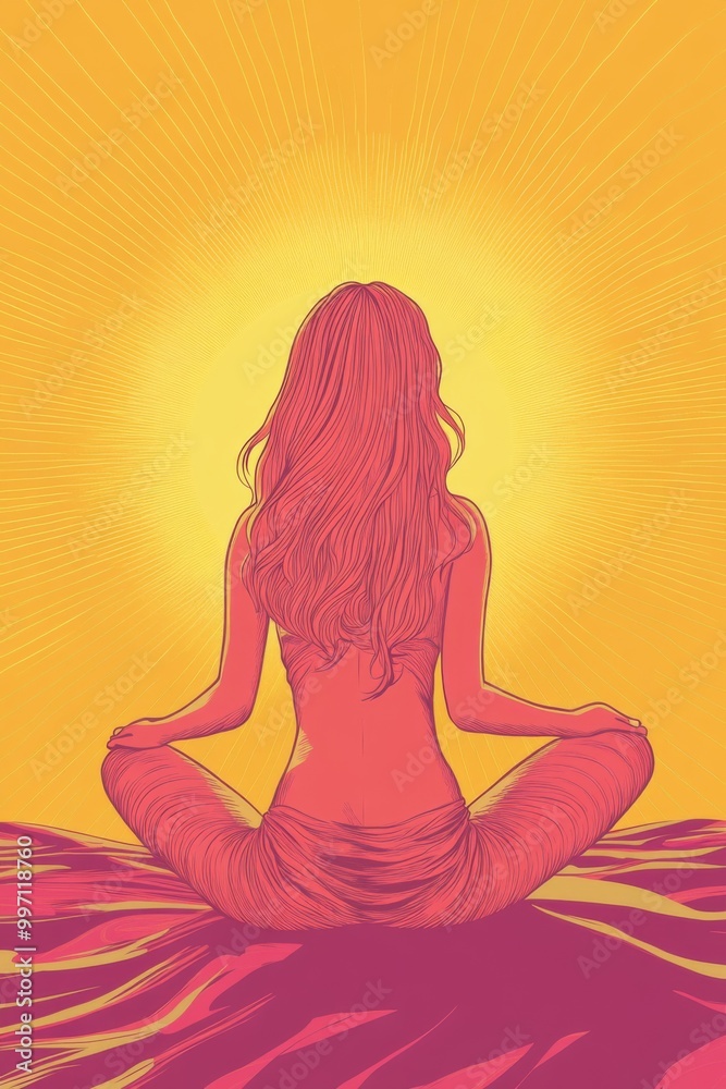This image portrays a serene scene of a woman meditating, sitting cross-legged with the bright yellow sun illuminating her from behind, symbolizing peace and spirituality. This image portrays a serene scene of a woman meditating, sitting cross-legged with the bright yellow sun illuminating her from behind, symbolizing peace and spirituality.