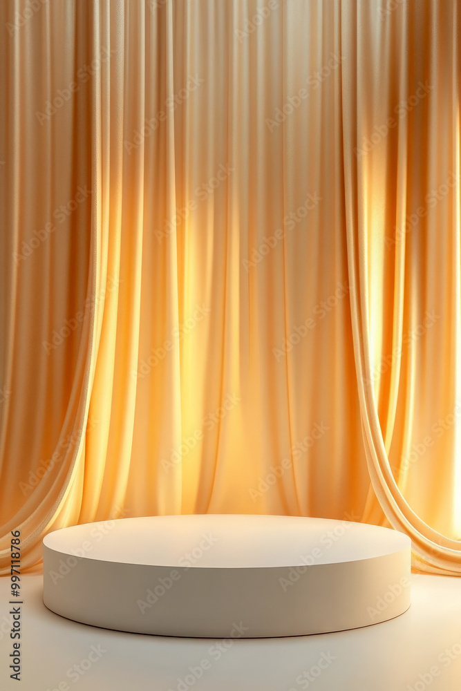 A minimalist white podium with golden curtains cascading in the background, ideal for showcasing a premium product. The space is well-lit with a soft gradient glow. A minimalist white podium with golden curtains cascading in the background, ideal for showcasing a premium product. The space is well-lit with a soft gradient glow.