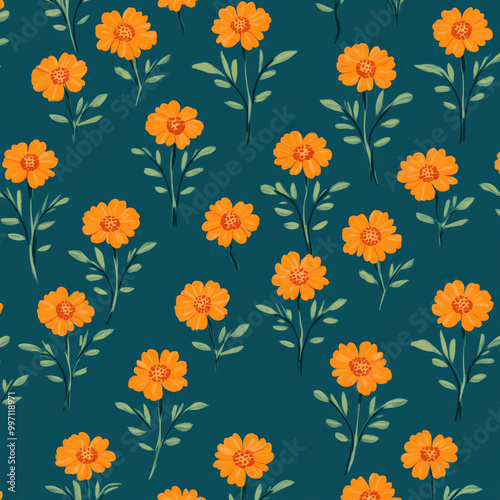 Small orange marigolds in flat design style, arranged in a repeating pattern on a deep teal background, creating a bold and bright floral look.