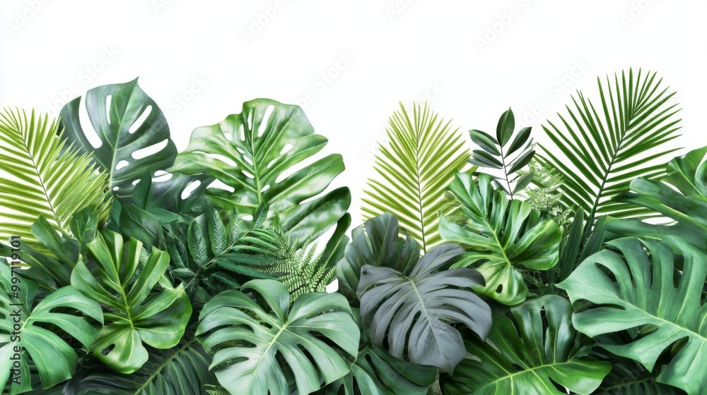 This image captures a vibrant assortment of different green tropical leaves, including monstera, palm, and fern, arranged beautifully against a white background. This image captures a vibrant assortment of different green tropical leaves, including monstera, palm, and fern, arranged beautifully against a white background.