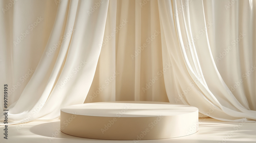 A podium in soft beige with white silk curtains flowing softly in the background, softly illuminated for a luxury and serene product display. A podium in soft beige with white silk curtains flowing softly in the background, softly illuminated for a luxury and serene product display.